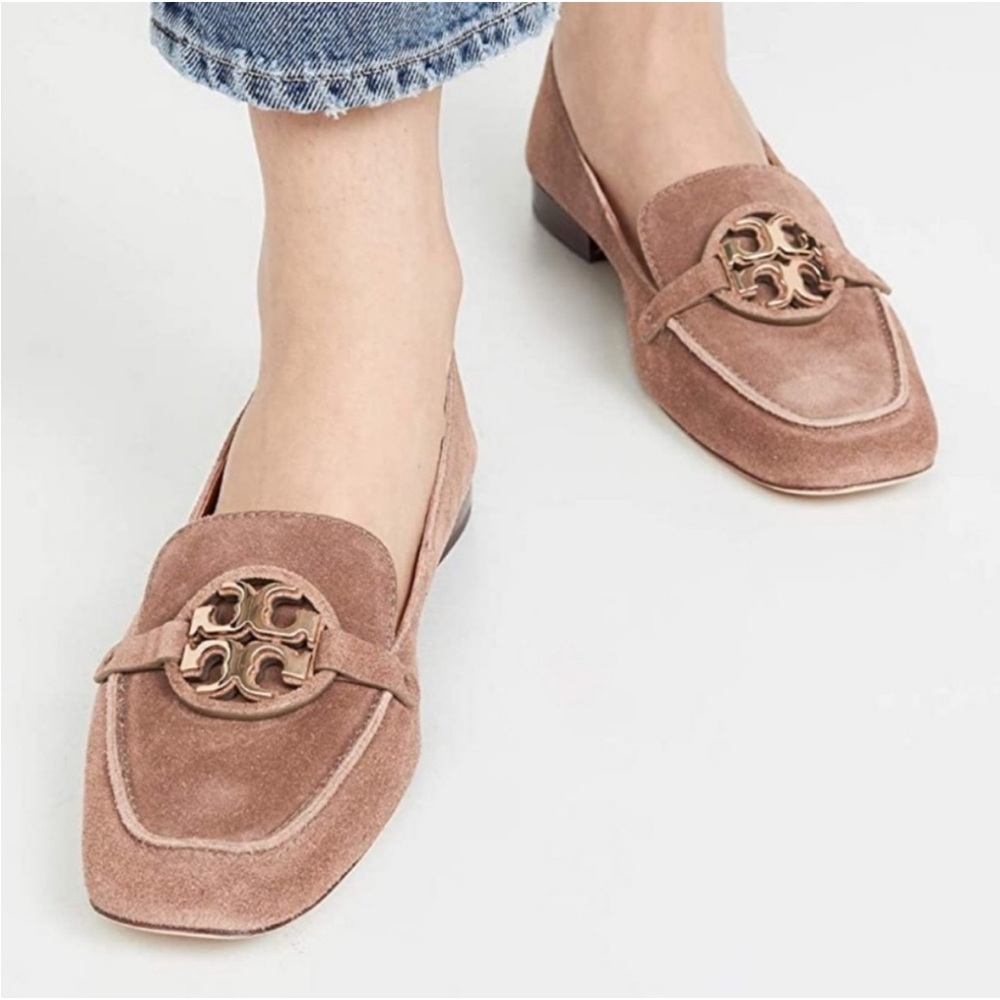 Tory Burch Rose Taupe Suede Logo Loafers